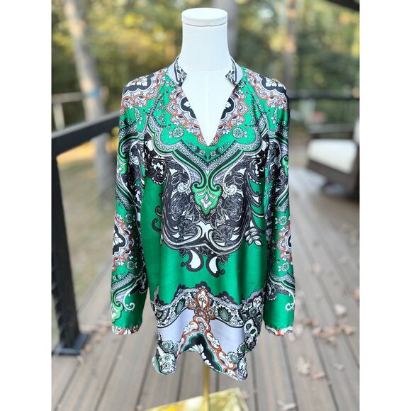 Chico's Women's Paisley Print Tunic Silk Blouse Emerald Green Size M Long Sleeve - Picture 5 of 9